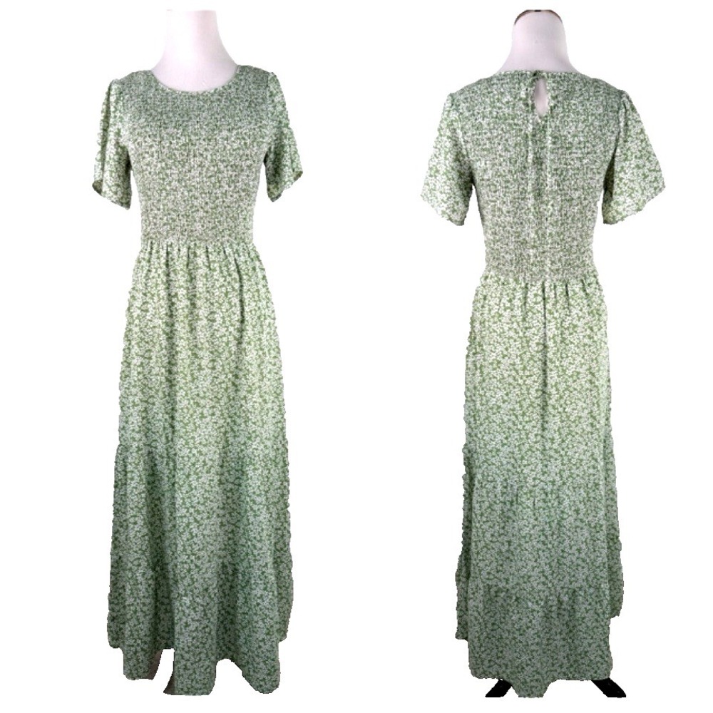 Tiered Dainty Floral Maxi Dress Women S 4 6 Peasant Cottagecore Smocked Shirred